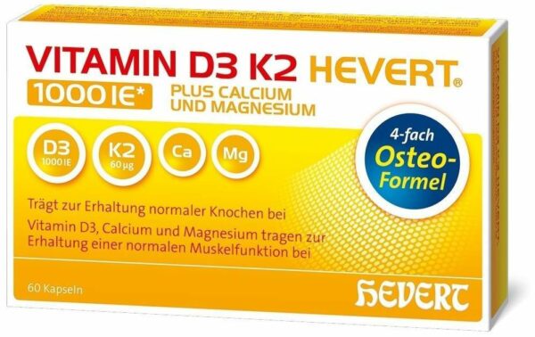 Vitamin D3 K2 Hevert plus Calcium und Magnesium 1000 I.E. 60 Kapseln