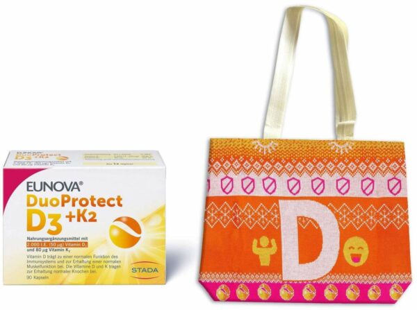 Eunova DuoProtect D3+K2 2000 I.E. 90 Kapseln + gratis Tasche