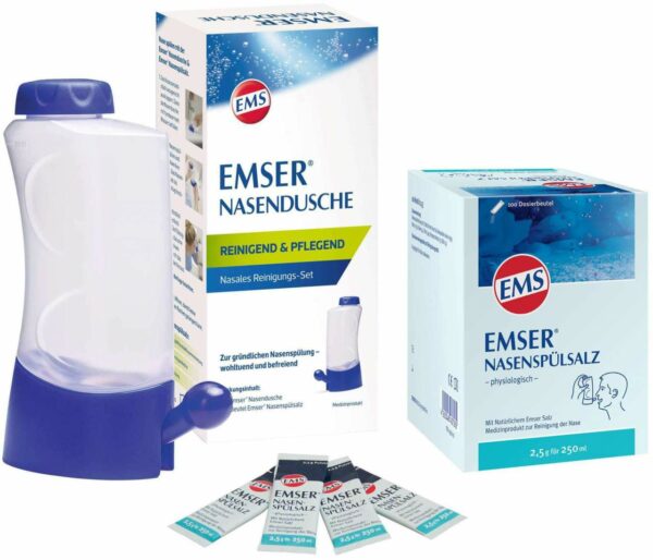 Emser Nasendusche mit 4 Beutel Nasenspülsalz + Nasenspülsalz physiologisch 100 Beutel Pulver