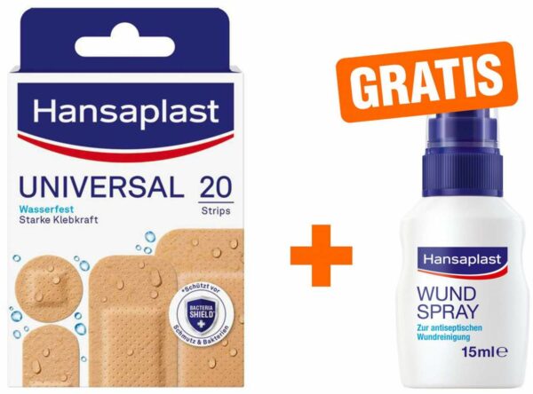 Hansaplast Universalstrips waterresistant 4 Größen 20 Pflaster + gratis Wundspray zur Wundversorgung 15 ml