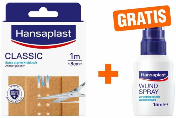 Hansaplast Classic Pflaster 1 m x 8 cm + gratis Hansaplast Wundspray zur Wundversorgung 15 ml