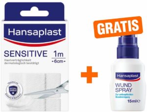 Hansaplast Sensitive 1 m x 6 cm + gratis Hansaplast Wundspray zur Wundreinigung  15 ml